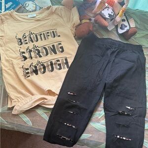 Beige Graphic Tee and Black Ripped Pants Set